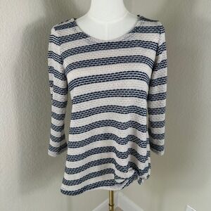 Sunday Sweater Womens M Blue Cream Striped Nautical Coastal Boho Fishermancore